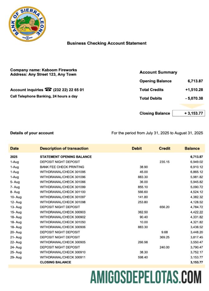 Em branco Serra Leoa Banco de Serra Leoa Extrato de conta corrente empresarial Modelo Word e PDF